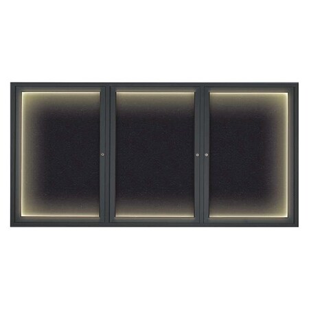United Visual Products Corkboard, Lighted, Blk, Rubber, 3 Dr, 72x36" UV318ILED-BLACK-RUBBER