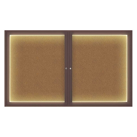 United Visual Products Corkboard, Lighted, Forbo, 2 Door, 60x36" UV317ILED-BRONZE-FORBO