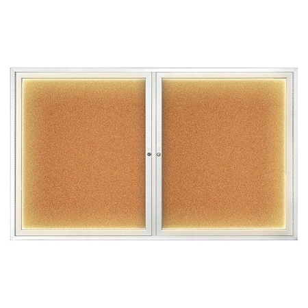 United Visual Products Corkboard, Lighted, Cork, 2 Door, 60x36" UV317ILED-SATIN-CORK