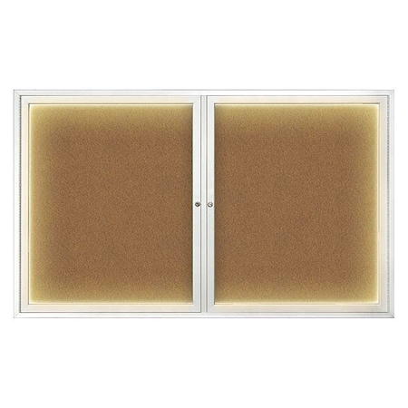 United Visual Products Corkboard, Lighted, Forbo, 2 Door, 60x36" UV317ILED-SATIN-FORBO