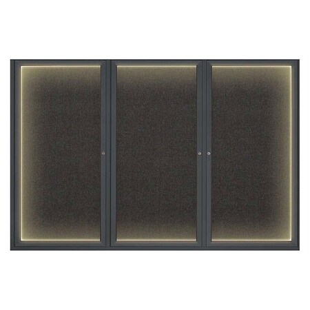 United Visual Products Corkboard, Lighted, Fbrc, Blk, 3 Door, 72x48" UV319ILED-BLACK-BLACK