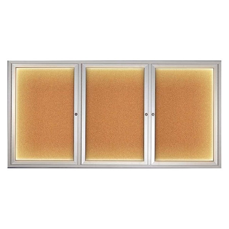 United Visual Products Corkboard, Lighted, Cork, 3 Door, 72 x 36" UV318ILED-SATIN-CORK