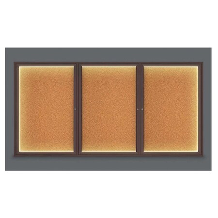 United Visual Products Corkboard, Lighted, Cork, 3 Door, 96 x 48" UV320ILED-BRONZE-CORK