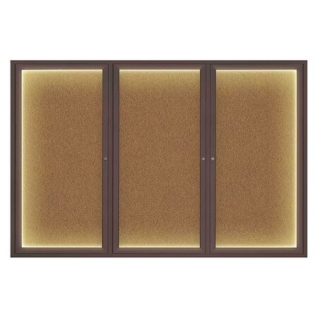 United Visual Products Corkboard, Lighted, Forbo, 3 Door, 72 x 48" UV319ILED-BRONZE-FORBO