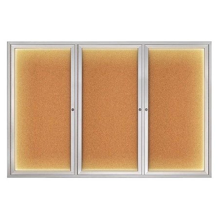 United Visual Products Corkboard, Lighted, Cork, 3 Door, 72 x 48" UV319ILED-SATIN-CORK