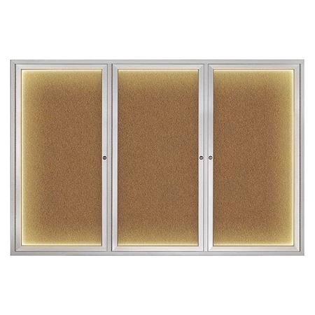 United Visual Products Corkboard, Lighted, Forbo, 3 Door, 72 x 48" UV319ILED-SATIN-FORBO