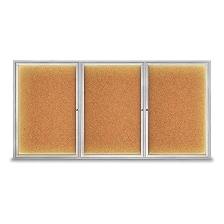 United Visual Products Corkboard, Lighted, Cork, 3 Door, 96 x 48" UV320ILED-SATIN-CORK