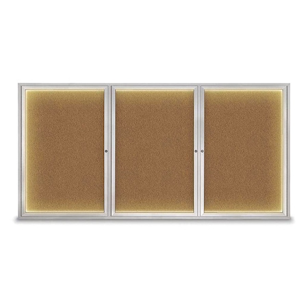 United Visual Products Corkboard, Lighted, Forbo, 3 Door, 96 x 48" UV320ILED-SATIN-FORBO