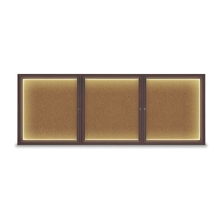 United Visual Products Corkboard, Lighted, Forbo, 3 Door, 96 x 36" UV306ILED5-BRONZE-FORBO