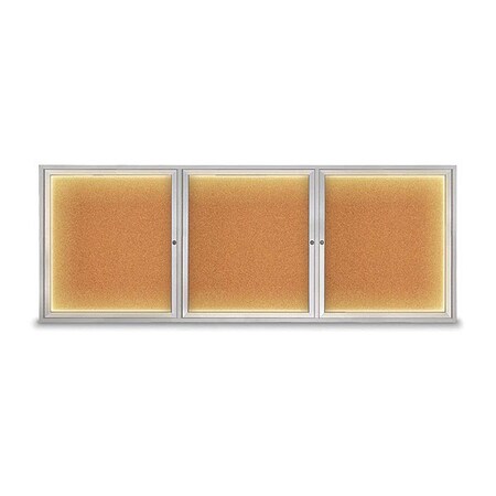 United Visual Products Corkboard, Lighted, Cork, 3 Door, 96 x 36" UV306ILED5-SATIN-CORK