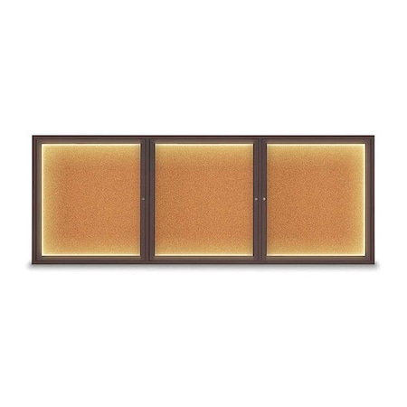 United Visual Products Corkboard, Lighted, Cork, 3 Door, 96 x 36" UV306ILED5-BRONZE-CORK