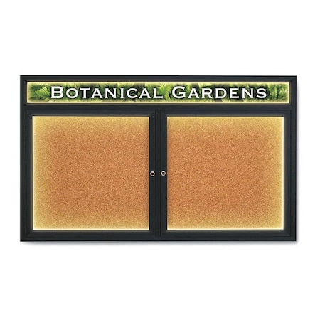 United Visual Products Corkboard, Lght, Hdr, Blk, Cork, 2 Dr, 60x36" UV352ILED-BLACK-CORK