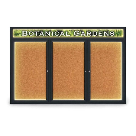 United Visual Products Corkboard, Blk, Cork, Header, 3 Door, 72x48" UV354ILED-BLACK-CORK