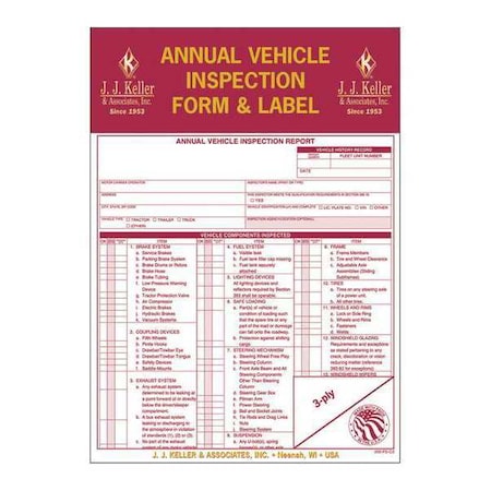 Jj Keller Annual, Vehicle Inspection Report, Label 9MP