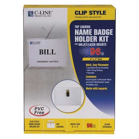 C-Line Products Clip Style Name Badge Holders, 4x3", PK96 95596