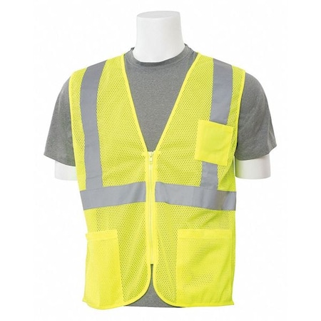 ERB SAFETY Economy Poly Mesh Safety Vest, ANSI Class 2, Zipper Closure, 3 Pockets, Hi-Viz Lime, XL 61649