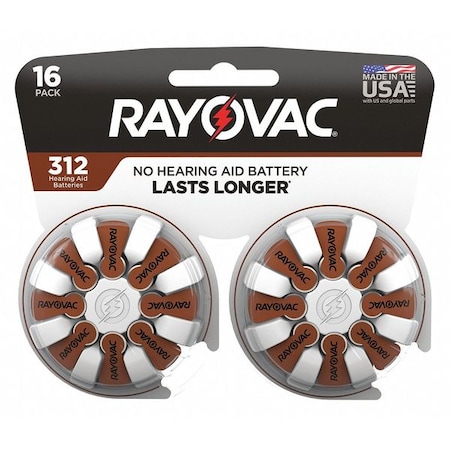 Rayovac Hearing Aid Battery, Size 312, Brown, PK16 312-16