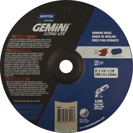 Norton Abrasives Depressed Center Grinding Wheel, Type 27, 9 in Dia, 0.25 in Thick, 7/8 in Arbor Hole Size, 24 Grit 66253048991