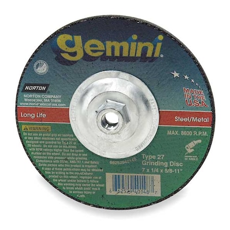 Norton Abrasives Depressed Center Grinding Wheel, Type 27, 7 in Dia, 0.25 in Thick, 5/8"-11 Arbor Hole Size, 24 Grit 66252940148