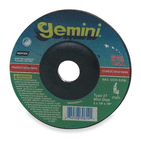 Norton Abrasives Cut-Off & Grinding Wheel, Type 27, 5 in Dia, 0.125 in Thick, 7/8 in Arbor Hole Size, Aluminum Oxide 66252843596