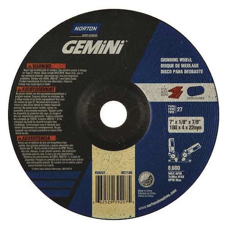 Norton Abrasives Cut-Off & Grinding Wheel, Type 27, 7 in Dia, 0.125 in Thick, 7/8 in Arbor Hole Size, Aluminum Oxide 66252939207