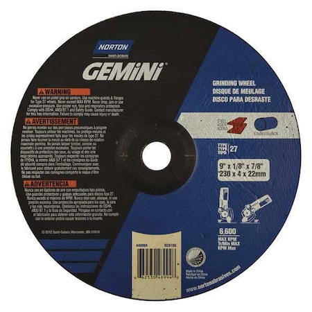 Norton Abrasives Cut-Off & Grinding Wheel, Type 27, 9 in Dia, 0.125 in Thick, 7/8 in Arbor Hole Size, Aluminum Oxide 66253048994