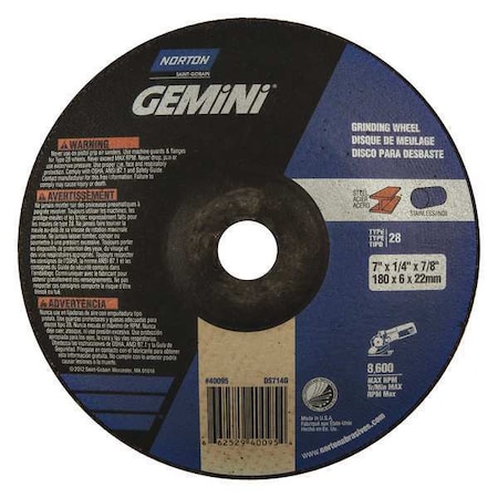 Norton Abrasives Depressed Center Grinding Wheel, Type 28, 7 in Dia, 0.25 in Thick, 7/8 in Arbor Hole Size, 24 Grit 66252940095