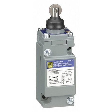 Telemecanique Sensors Heavy Duty Limit Switch, Plunger, Roller, 1NC/1NO, 10A at 600V AC, Actuator Location: Top 9007C54D