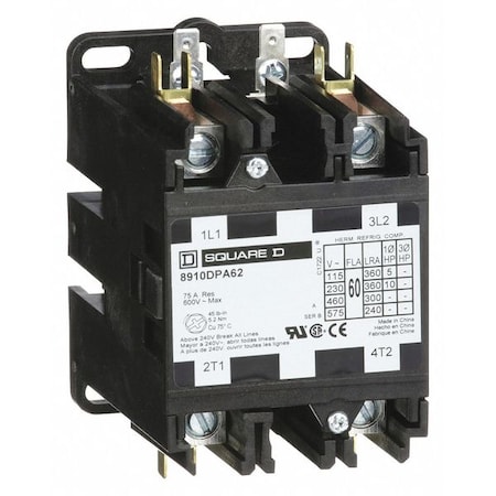 Square D Definite Purpose Magnetic Contactor, 120V AC, 2 P, Non-Reversing, 1 Phase, Box Lug & Quick Connect 8910DPA62V02