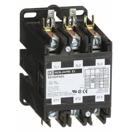 Square D Definite Purpose Magnetic Contactor, 120V AC, 3 P, Non-Reversing, 3 Phase, Box Lug & Quick Connect 8910DPA63V02