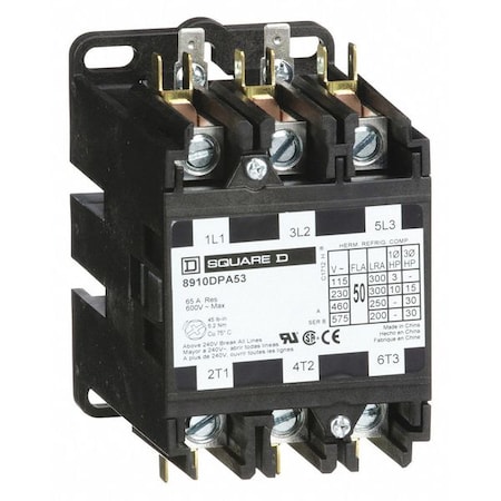 SQUARE D 120VAC Non-Reversing Definite Purpose Contactor 3P 50A, Depth: 3.67 in 8910DPA53V02