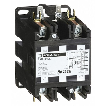 Square D Definite Purpose Magnetic Contactor, 120V AC, 2 P, Non-Reversing, 1 Phase, Box Lug & Quick Connect 8910DPA52V02