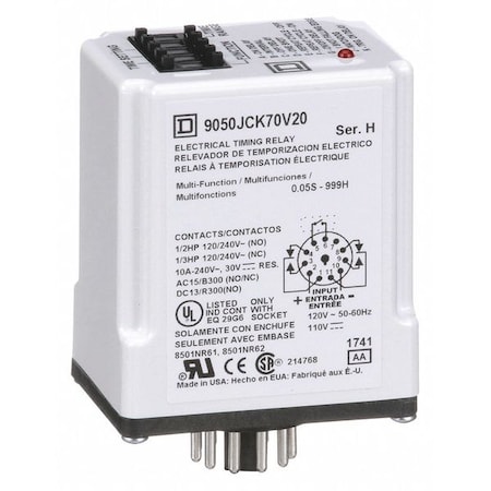 Schneider Electric Multi-Function Time Delay Relay, Octal, 9 Functions 120V AC, DPDT 9050JCK70V20