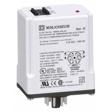 Schneider Electric Single Function Time Delay Relay, Octal, On Delay, 1 Functions 120V AC, DPDT 9050JCK60V20