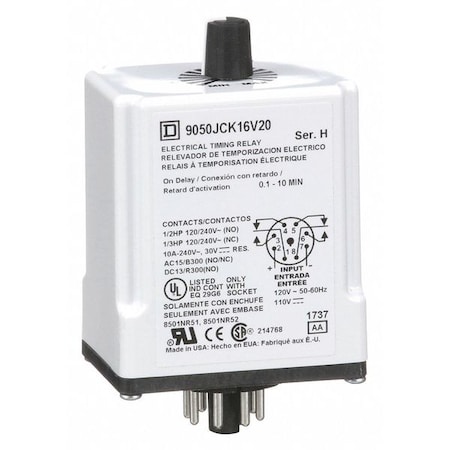 Schneider Electric Single Function Time Delay Relay, Octal, On Delay, 1 Functions 120V DC, DPDT 9050JCK16V20