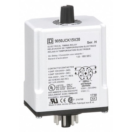 Schneider Electric Single Function Time Delay Relay, Octal, On Delay, 1 Functions 110V AC, DPDT 9050JCK15V20