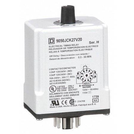Schneider Electric Single Function Time Delay Relay, Octal, Off Delay, 1 Functions 120V DC, DPDT 9050JCK27V20