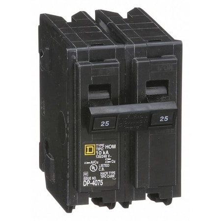 Square D Miniature Circuit Breaker, HOMELINE Series, 25A, 2 Pole, 240V AC, 10kA at 240V AC HOM225