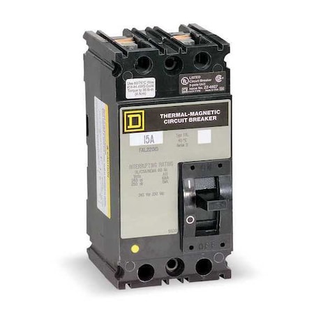 Square D Circuit Breaker, FAL Series, 15, 2 Pole, 600VAC, Not Rated FAL26015
