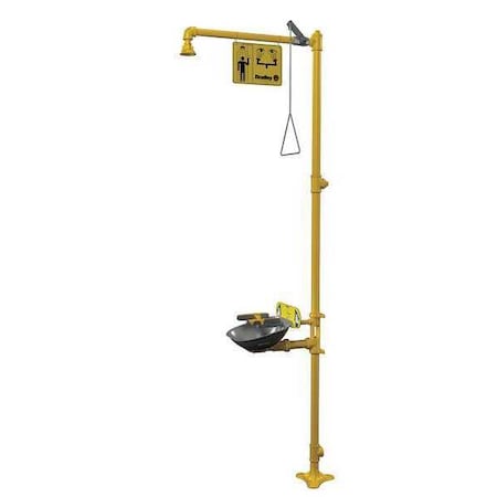Bradley Shower with Eyewash, Floor Mount, Galvanized Steel Pipe, 94 1/8 in H, Stainless Steel Bowl, Yellow S19314BF