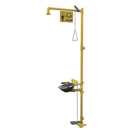 Bradley Shower with Eyewash, Floor Mount, Galvanized Steel Pipe, 94 1/8 in H, Stainless Steel Bowl, Yellow S19314AC