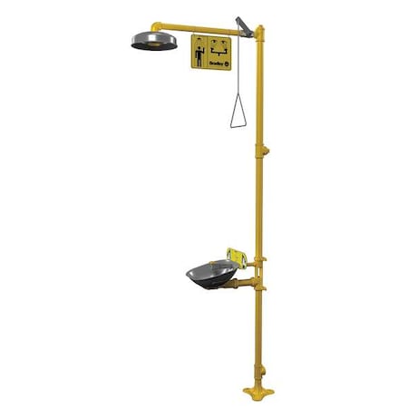Bradley Shower with Eyewash, Floor Mount, Galvanized Steel Pipe, 94 1/8 in H, Stainless Steel Bowl, Yellow S19314F