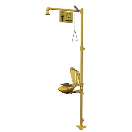 Bradley Shower with Eyewash, Floor Mount, Galvanized Steel Pipe, 94 1/8 in H, Plastic Bowl, Yellow S19314PDCFW