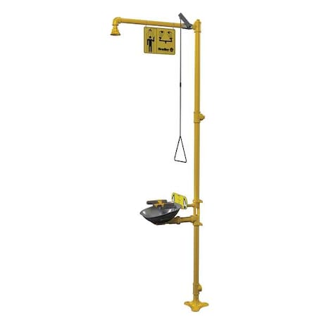Bradley Shower with Eyewash, Floor Mount, Galvanized Steel Pipe, 94 1/8 in H, Stainless Steel Bowl, Yellow S19314SBFW