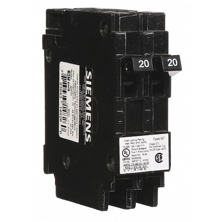 Siemens Miniature Circuit Breaker, Q Series, 20/20A, 1 Pole, 120/240V AC, 10kA at 120V AC Q2020