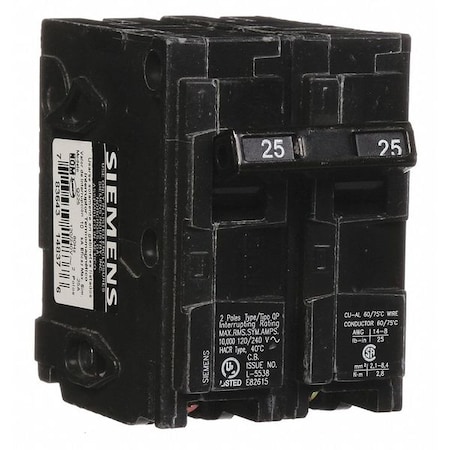Siemens Miniature Circuit Breaker, Q Series, 25A, 2 Pole, 120/240V AC, 10kA at 120V AC Q225