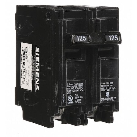 Siemens Miniature Circuit Breaker, Q Series, 125A, 2 Pole, 120/240V AC, 10kA at 120V AC Q2125
