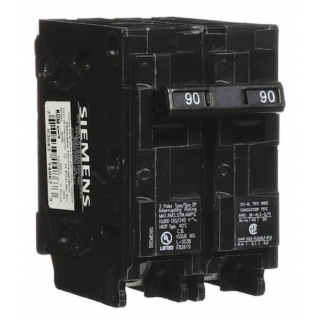 Siemens Miniature Circuit Breaker, Q Series, 90A, 2 Pole, 120/240V AC, 10kA at 120V AC Q290