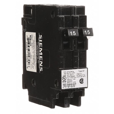 Siemens Miniature Circuit Breaker, Q Series, 15/15A, 1 Pole, 120V AC, 10kA at 120V AC Q1515