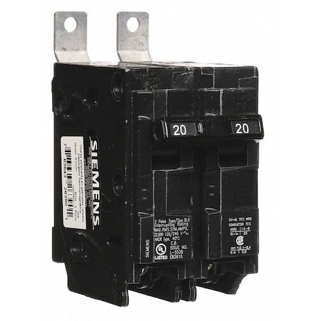 Siemens Miniature Circuit Breaker, BL Series, 20A, 2 Pole, 120/240V AC, 22kA at 120/240V AC B220H